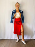 Red Side Slit Satin Midi Skirt SKIES ARE BLUE