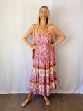 Bohemian Floral Print Tiered Maxi Dress-Pink Multi