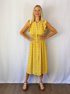 SALE-Feminine Yellow Floral Midi Dress