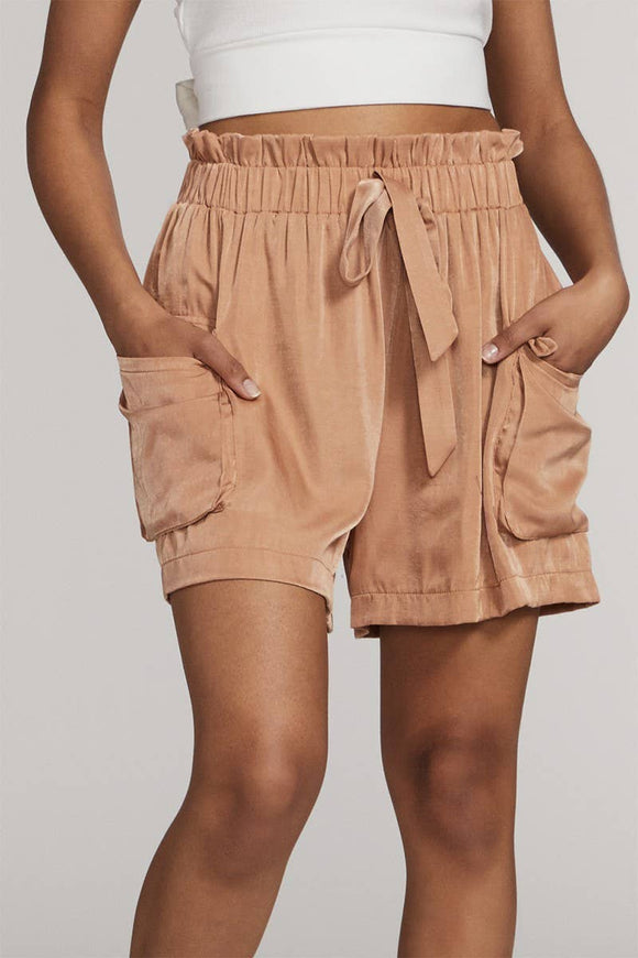 Textured Dusty Rose Satin Belted Cargo Shorts MISS SPARKLING