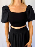 Scarlet Cropped Puff Sleeve Top-Black MIMOSA