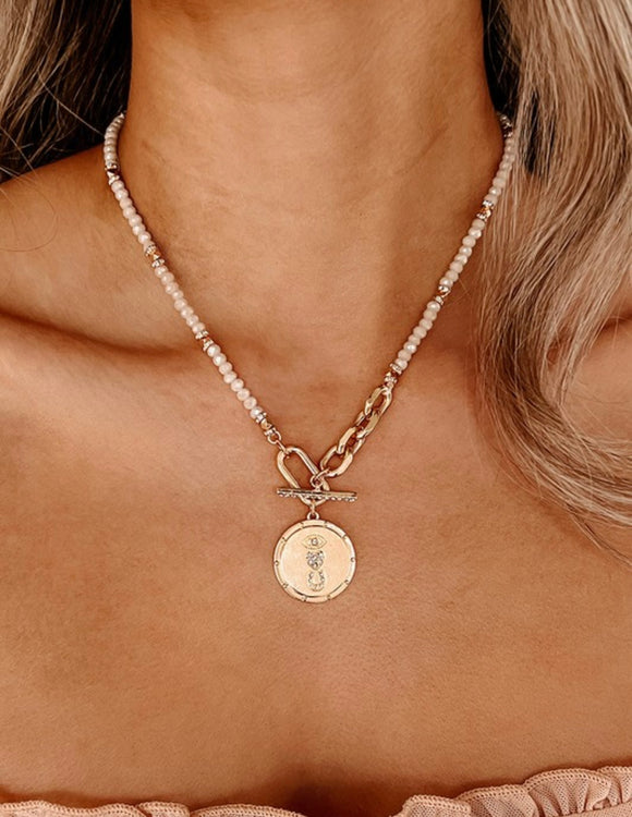 I LOVE YOU Coin Medallion Beaded Necklace - Gold