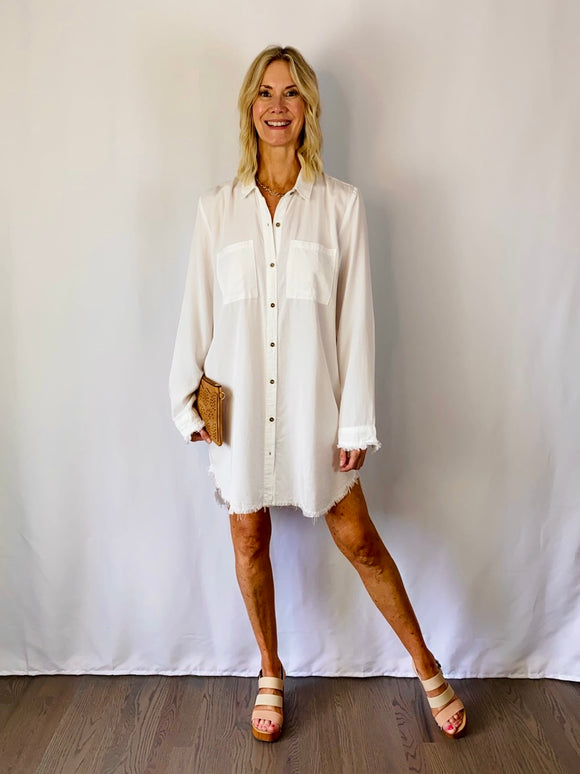 SALE-Raw Hem Shirt Dress -White