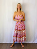 Bohemian Floral Print Tiered Maxi Dress-Pink Multi