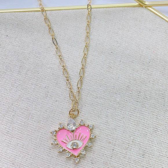 I Love You Gold, Pink Enamel & Crystal Necklace TREASURE JEWELS