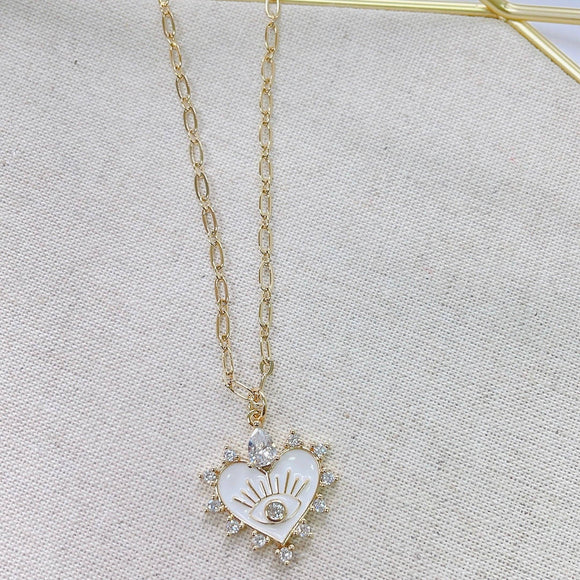 I Love You Gold, White Enamel & Crystal Necklace TREASURE JEWELS